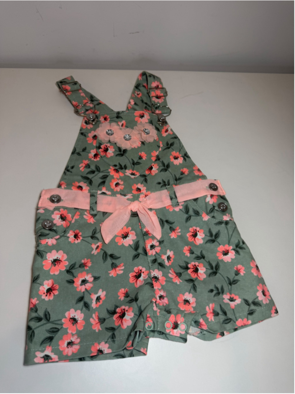 Baby Girl Floral Overall Shorts Romper Bow Rhinestone Heart #F